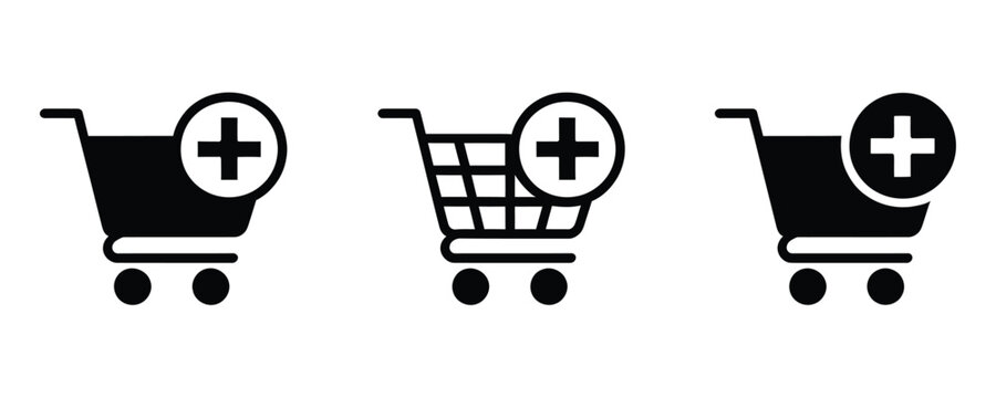 Three shopping cart icons with plus signs for adding items