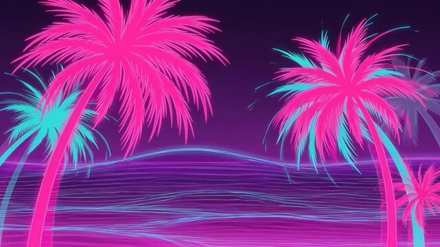 Neon palm trees swaying over a glowing retro wave landscape in magenta and cyan, a synthwave tropical night scene with stylized horizon motion