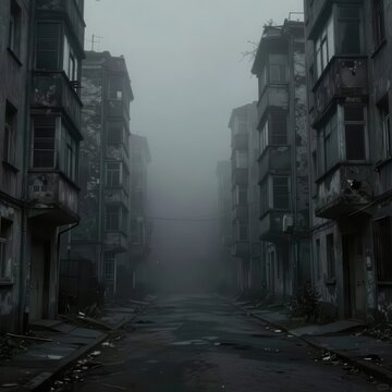 Foggy abandoned city street lined with decaying old buildings in thick mist.