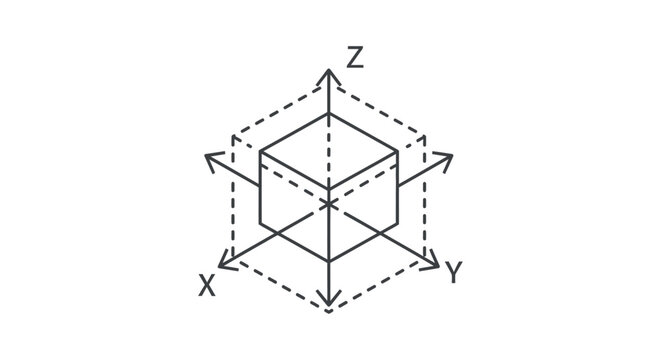 3d cube and coordinate system with x y z axes representing three-dimensional space and spatial dimensions for technology concepts.