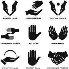 Obraz premium Charity hands icon set. Donation and aid symbol. Friendship logo. Vector illustration