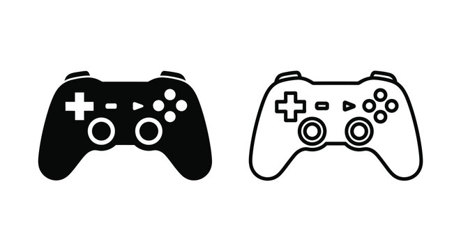 Two contrasting game controllers presented in a bold black and white silhouette