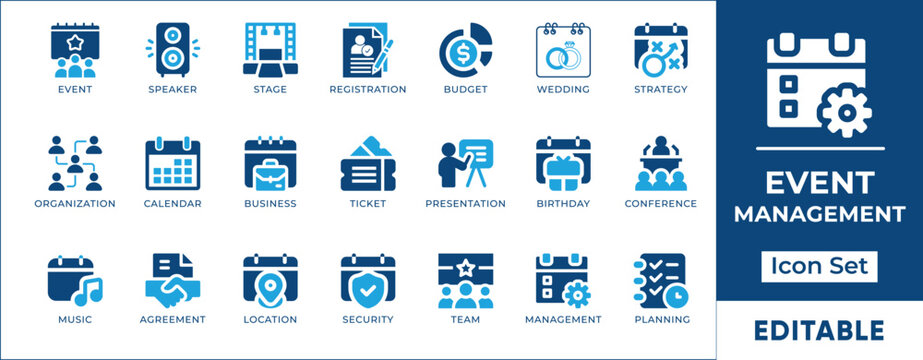 
Event management and planning vector icon set. Business conference, wedding, concert ticket, calendar, presentation and stage symbols.