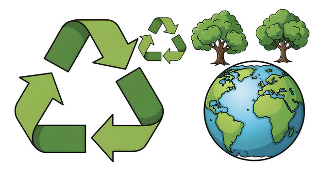 Sustainability and recycling icon set containing icons for trees globe and symbols for environmental conservation.