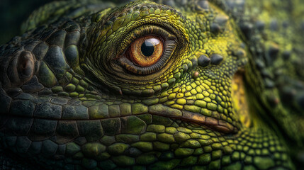 Fototapeta premium Detailed close-up of a green iguana's eye revealing intricate textures and patterns