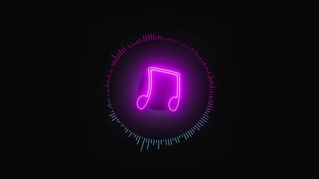 Glowing musical note icon surrounded by sound wave particles. Sound wave animation creates rhythmic visual effects. Musical visualization perfect for audio and music projects.