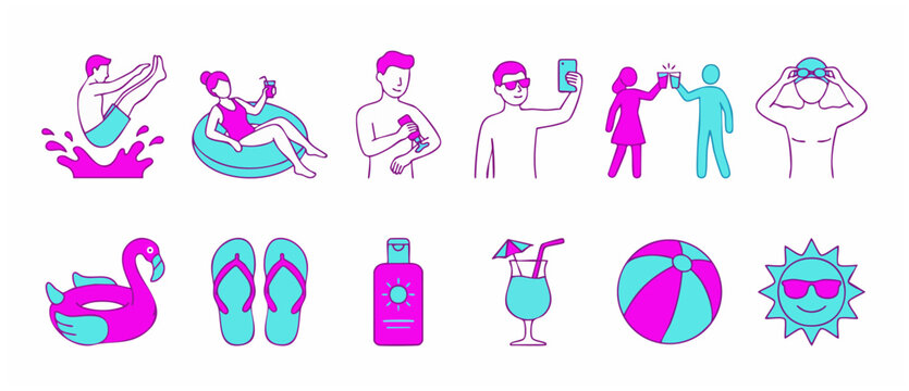 Summer Vacation Icons Set - People at Beach and Pool Activities with Sunscreen, Flamingo Float, and Tropical Cocktails in Modern Duo Tone Linear Vector Style for Travel and Lifestyle Design Elements