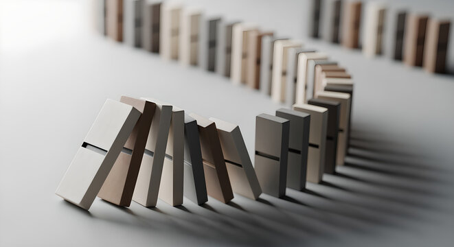 Domino effect concept photo. Wooden blocks falling in a curved line on a grey surface.