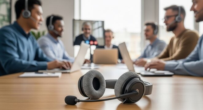 Call Center Team Meeting with Headsets and Laptops on Wooden Table