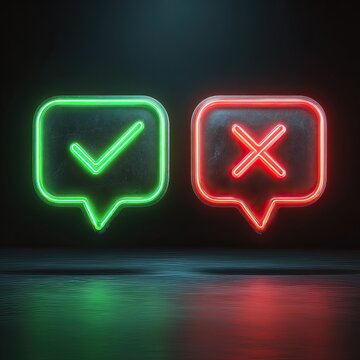 Two neon speech bubbles on a dark wall displaying a green checkmark and a red cross representing yes and no. AI generated image
