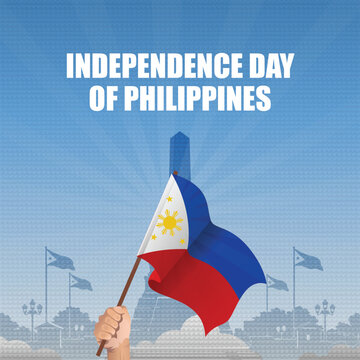 Philippines Independence Day celebration vector, hand holding Filipino flag against Rizal Park monument silhouette, national holiday poster