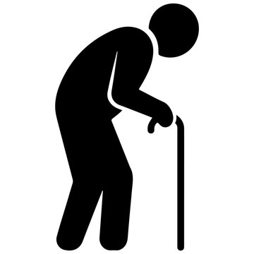 Elderly person using a cane in a bent-over posture.