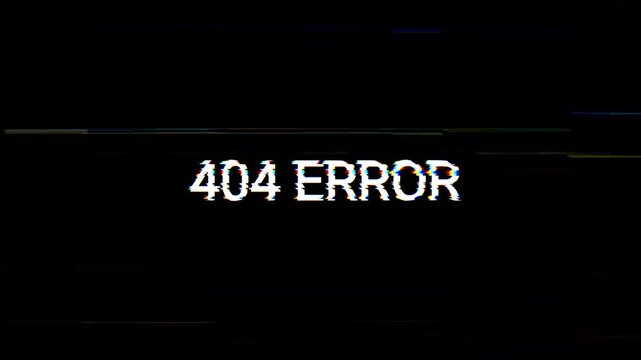 404 Error text with screen effects of technological failures. screen glitch with various kinds of interference animation. Looped. 4k Video