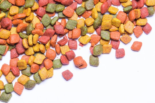 Top view of colorful dry pet food kibbles background. High-quality macro texture of crunchy food for cats or dogs with mixed ingredients for nutrition and healthy diet concepts.
