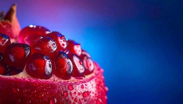 Macro of fresh pomegranate arils with water droplets on vibrant blue background