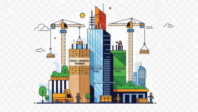 Modern City Construction Site Illustration: CLT Timber vs. Composite Steel Skyscrapers Development with Cranes and Workers.