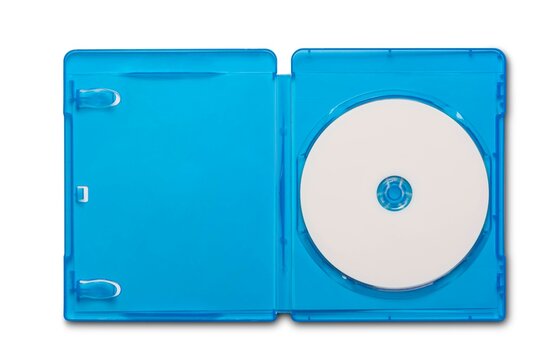 Open blue Blu-ray case with a blank white disc isolated on white background. Professional mockup for movie covers, software distribution, and video game branding. Top view of empty plastic media box.
