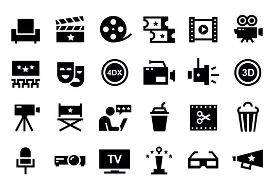 A set of black vector icons depicting various film and cinema related objects and symbols on a white background