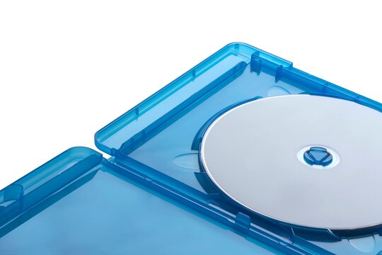 Open blue Blu-ray case with a blank disc inside isolated on white background. Professional mockup for movie covers, video games, software, and digital media storage concepts.