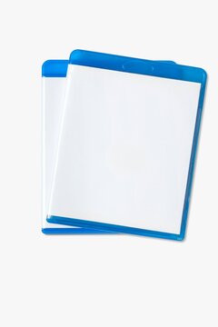 Closed blue Blu-ray case with a blank white cover isolated on white background. Top down mockup for movie posters, game covers, and home video branding. Empty plastic media box.