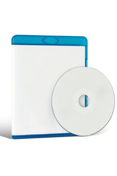Blank Blu-ray case and disc isolated on white background. High-quality mockup for movie cover design, software packaging, and digital media storage concepts.