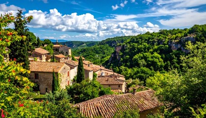 Fototapeta premium Serene village in green valley.