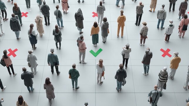 Group of people standing and facing green and red cross marks on a wall representing voter choice. AI generated image