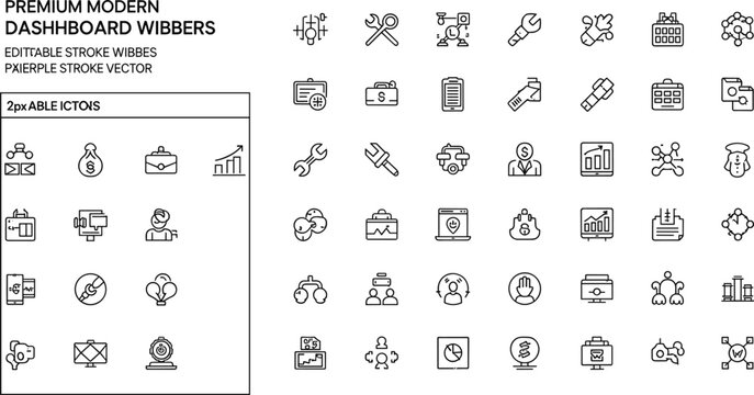 Premium modern dashboard widgets and business tools line icon set featuring analytics interface metrics monitoring and management