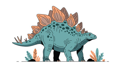 Fototapeta premium Detailed illustration of a Stegosaurus dinosaur with large bony plates on its back and spikes on its tail, standing among prehistoric plants.