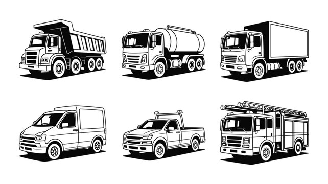 Six different types of trucks including dump truck tanker truck box truck van pickup truck and fire truck keywords