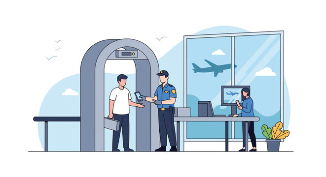 Passengers passing through a metal detector at an airport security checkpoint while being inspected by professional security officers.