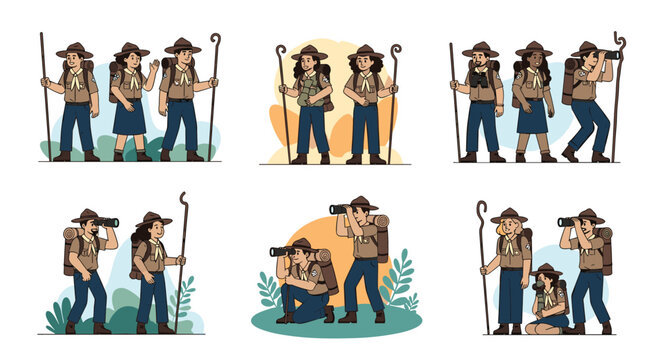 Boy and girl scouts wearing tan uniforms and blue bottoms engage in various outdoor hiking and exploration activities.
