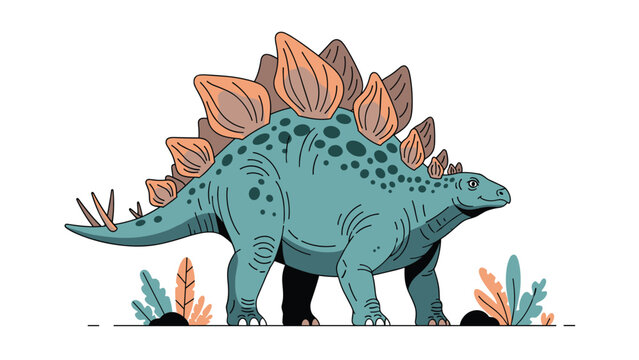 Detailed illustration of a Stegosaurus dinosaur with large bony plates on its back and spikes on its tail, standing among prehistoric plants.