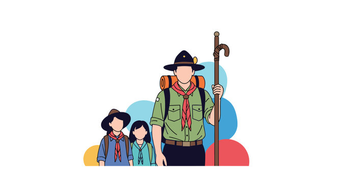 Tall male scout leader in a green uniform stands with two young scouts against a colorful circular background pattern.