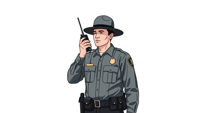 Professional park ranger in a gray uniform and hat using a handheld radio to communicate while on duty outdoors.