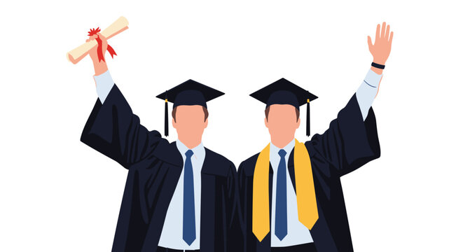 Two successful male graduates wearing academic gowns and caps celebrating their graduation with joy and pride.