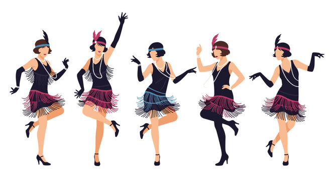 Five women dressed in classic black flapper outfits with feathered headbands performing a synchronized dance from the roaring twenties.
