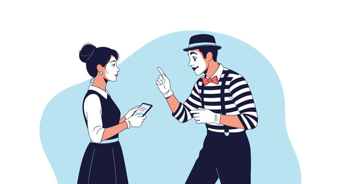 Professional mime artist in a striped shirt and hat interacts with a woman holding a smartphone against a blue circle.