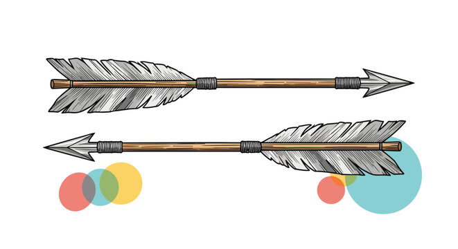 Two detailed illustrations of traditional wooden hunting arrows with grey feathers and sharp metal tips in profile view.