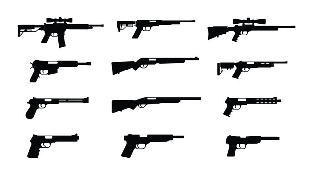 Collection of keywords black silhouette firearms including rifles pistols and shotguns on white