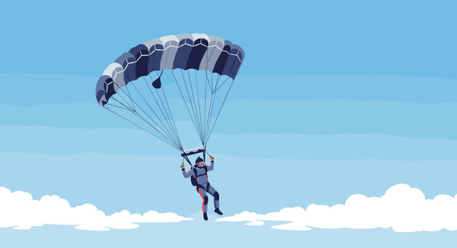 Brave skydiver descending through a clear blue sky, with a large open parachute above white fluffy clouds during an extreme sport.