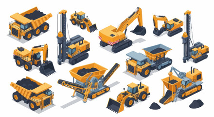 Collection of Yellow Construction and Mining Heavy Machinery Vehicles. © Anak