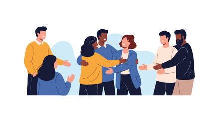 Fototapeta premium Multiethnic group of people coming together for a reunion and expressing joy through warm embraces and friendly talk.