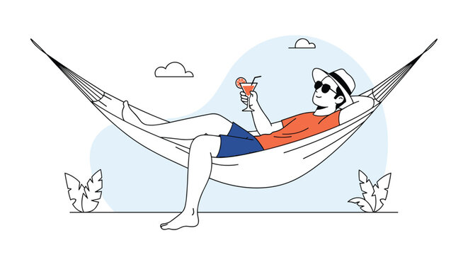 Relaxed young man lying in a white hammock outdoors while holding a tropical cocktail and wearing summer sunglasses.