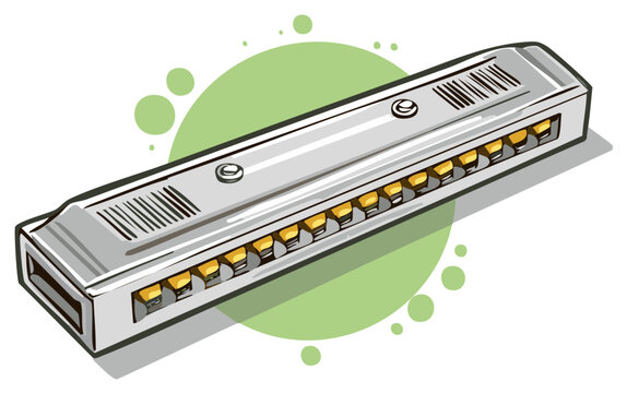 Detailed cartoon illustration of a classic harmonica musical instrument for music sound and entertainment