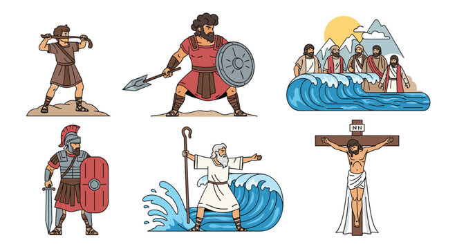 Collection of historical and biblical figures including Moses parting the sea, David and Goliath, and a Roman soldier.