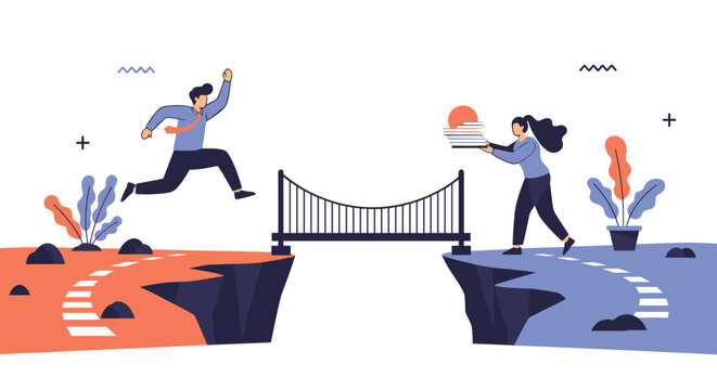 Conceptual illustration of people bridging a gap between two cliffs to represent cooperation and successful problem solving.