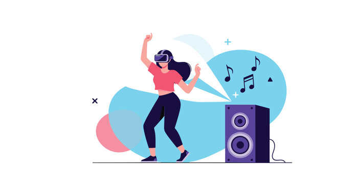 Energetic young woman wearing a virtual reality headset dancing to music from a large speaker in a digital abstract environment.