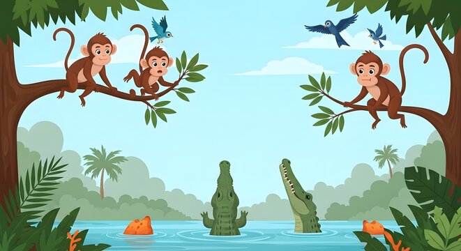 Jungle scene with monkeys and crocodiles in a tropical rainforest environment