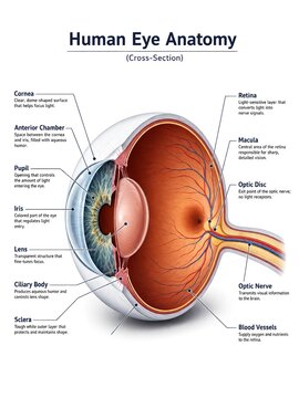 Human eye anatomy. For healthcare, science education, and ophthalmology. Cornea, iris, lens, retina, optic nerve, and macula